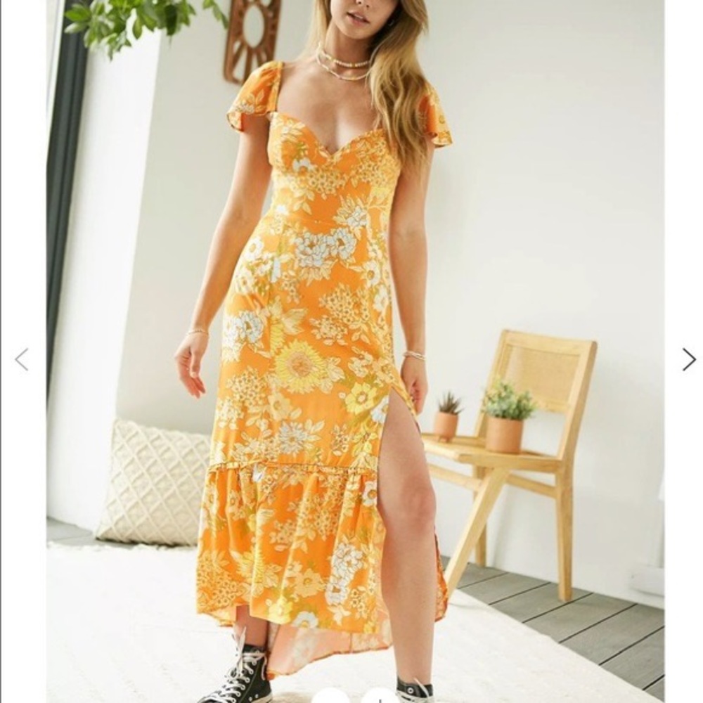 UO Siren Orange Floral Strappy Back Midi Dress